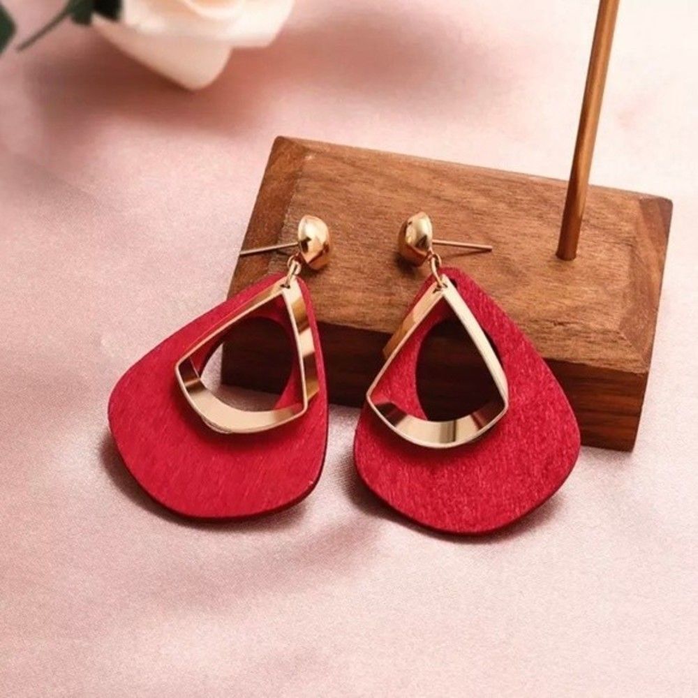 Red/Dark Pink& Gold Wood Drop Earrings